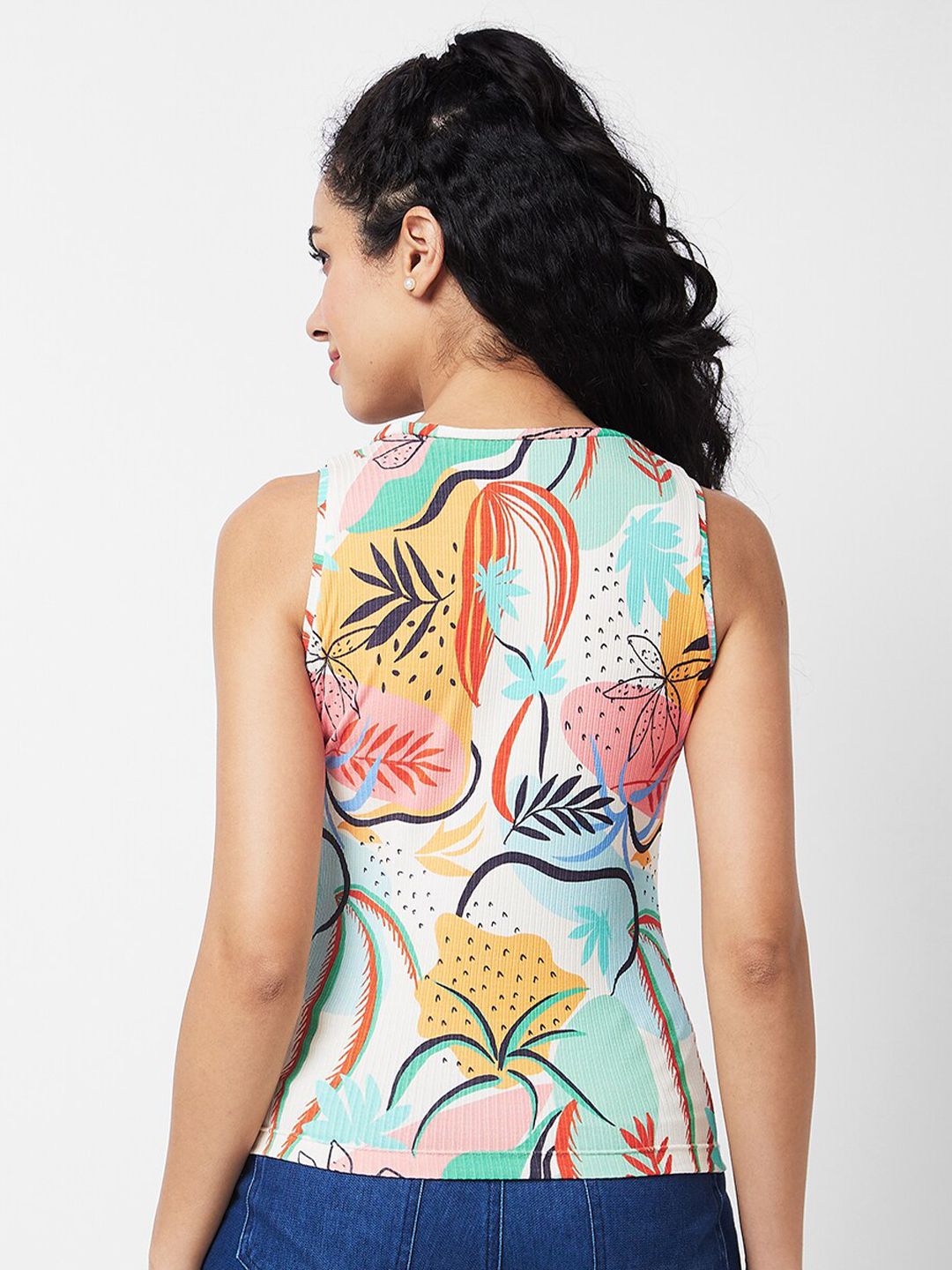 SPYKAR Abstract Printed Scoop Neck Sleeveless Cotton T-shirt