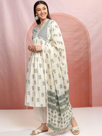 Vishudh Cream-Coloured Ethnic Motifs Printed Pure Cotton Kurta with Trousers & Dupatta
