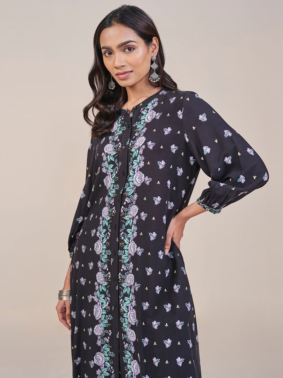 Global Desi Floral Printed Band Collar Straight Kurta