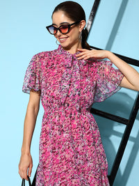 Antheaa Pink & Multicoloured Tie-Up Neck Flared Sleeves Chiffon A-Line Dress