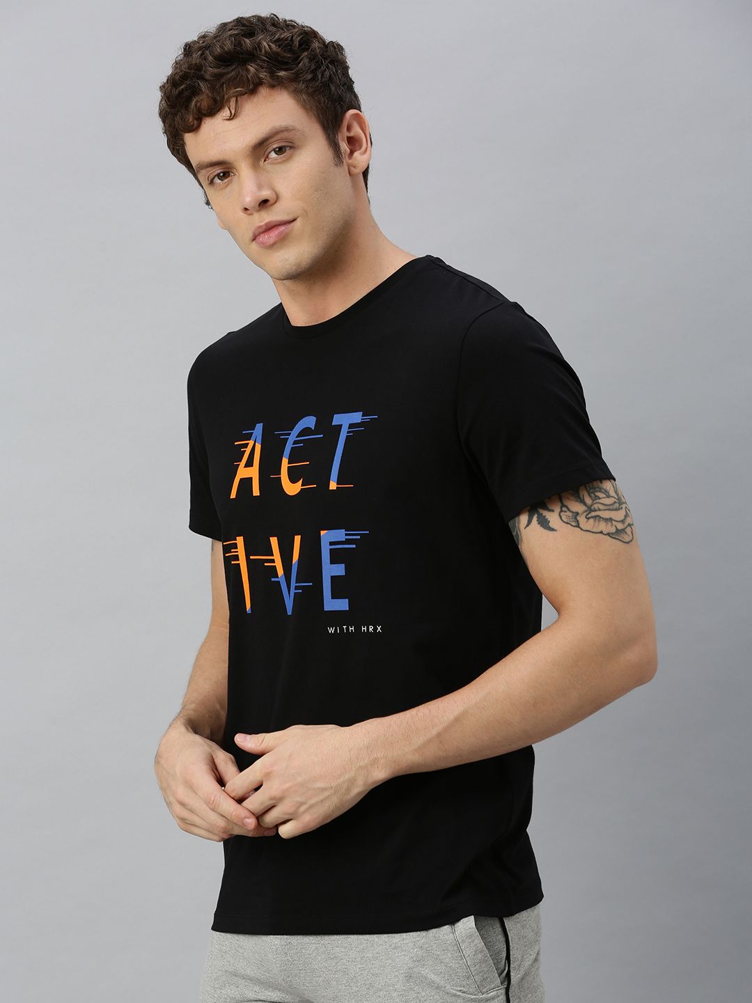 HRX by Hrithik Roshan Men Black Printed Bio-Wash Training Tshirt