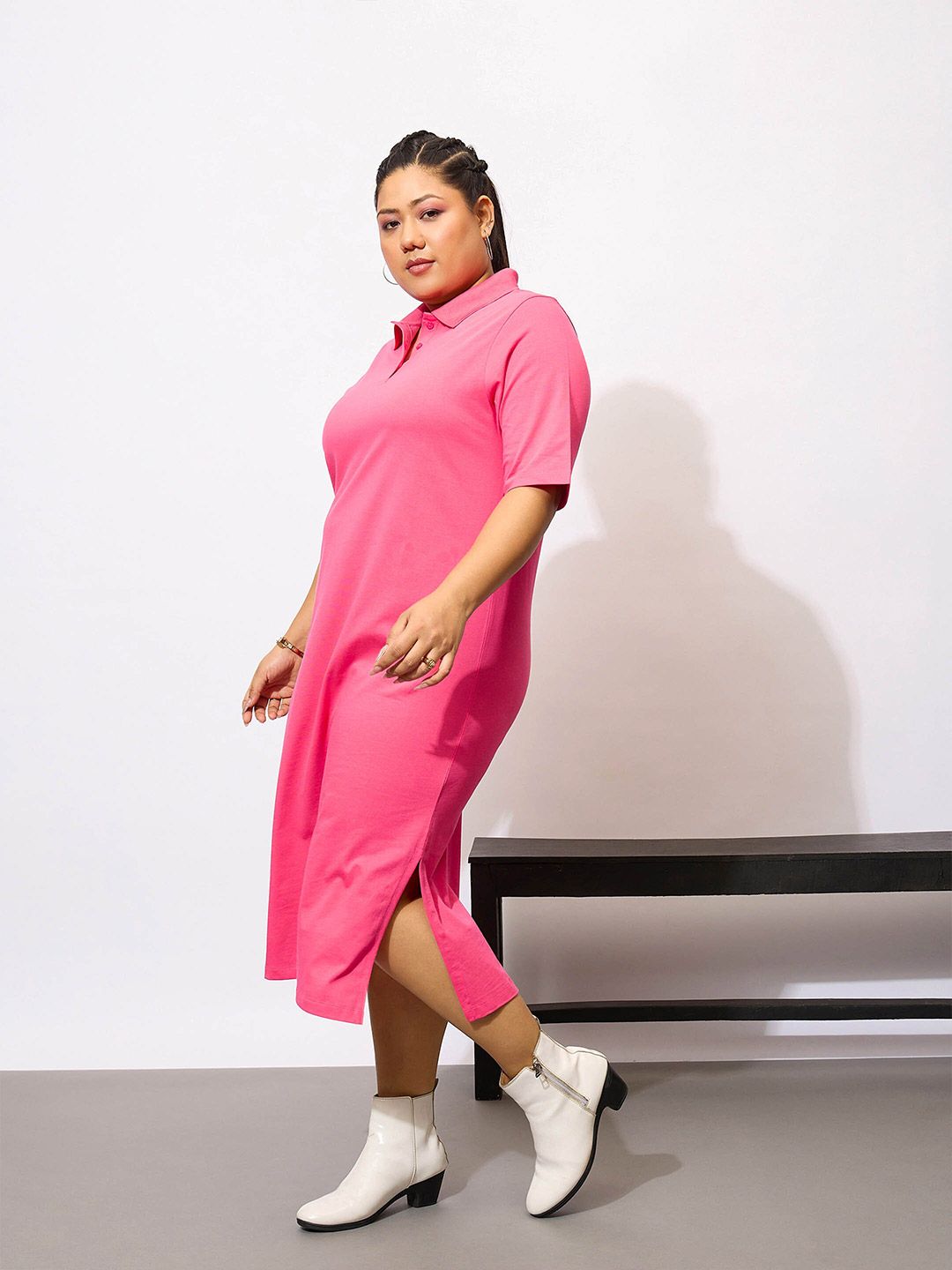 SASSAFRAS Curve Plus Size Polo Neck T Shirt Pure Cotton Midi Dress