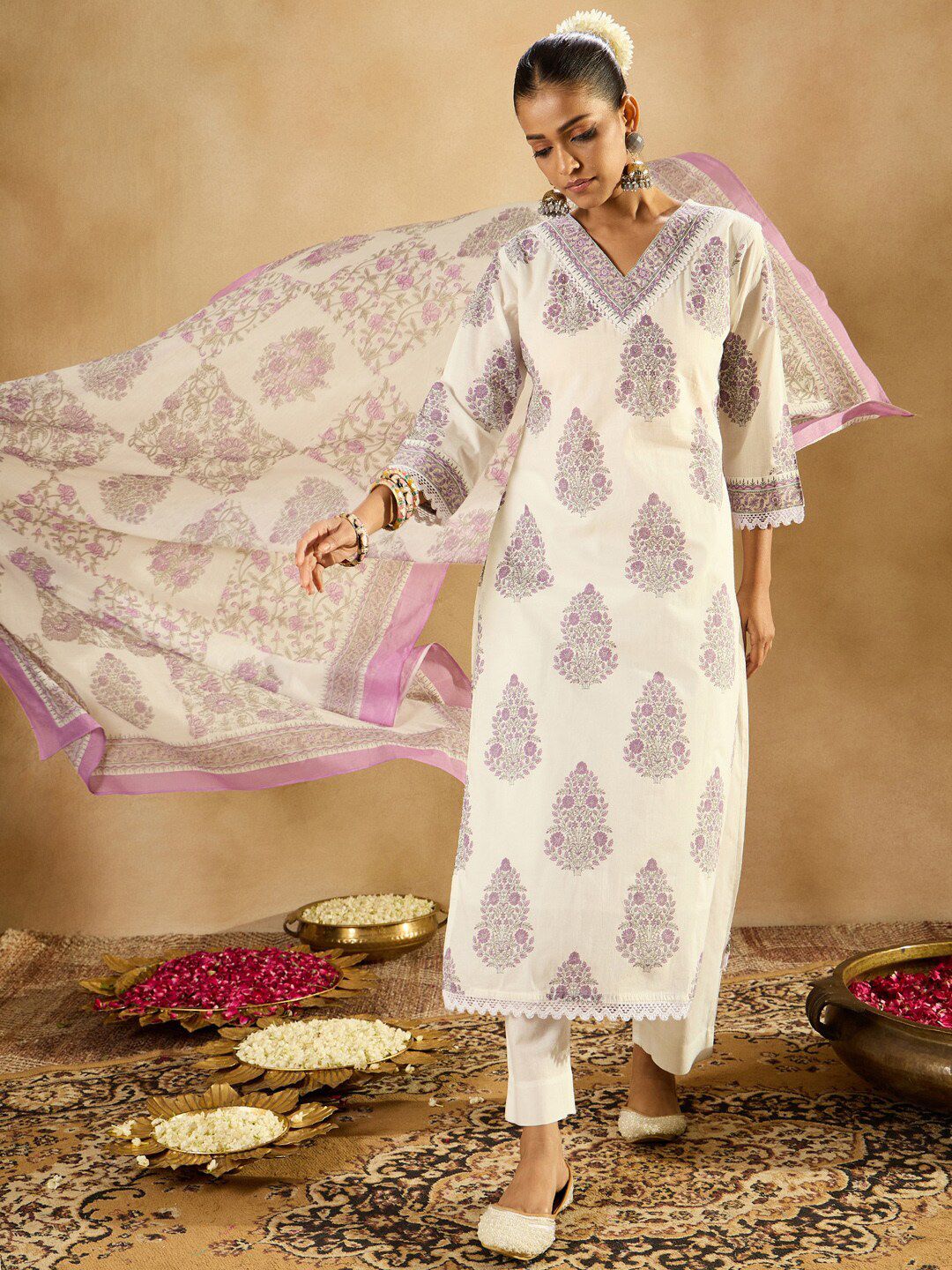 Indo Era Floral Printed Regular Sequinned Pure Cotton Kurta with Trousers & Dupatta