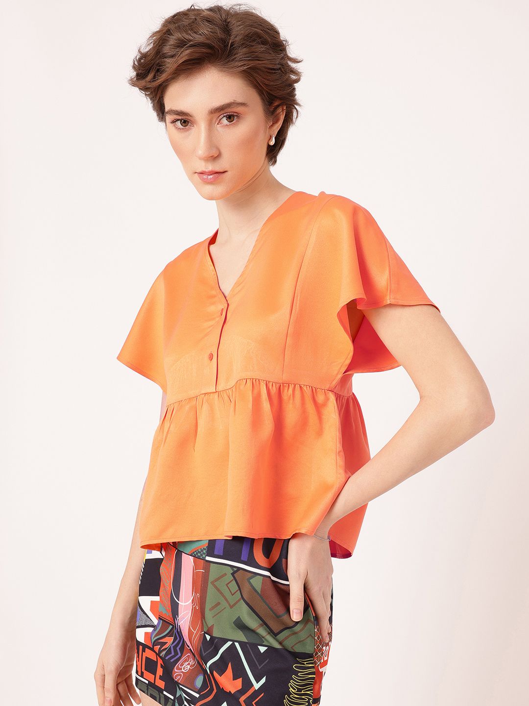 DressBerry Cute Chic Gathers Flutter Sleeve Back Tie-Up A-Line Top