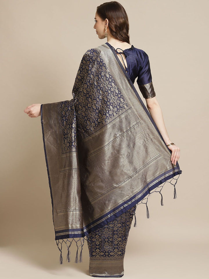 Saree mall Navy Blue & Golden Ethnic Woven Design Banarasi Saree