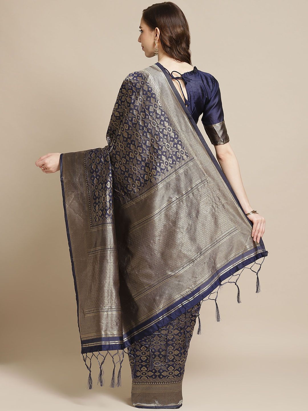 Saree mall Navy Blue & Golden Ethnic Woven Design Banarasi Saree