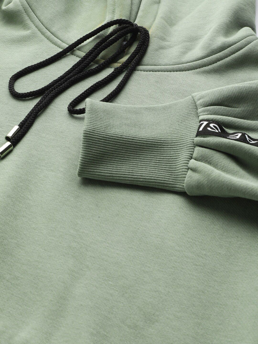 STREET 9 Women Sage Green Solid Hooded Crop Sweatshirt