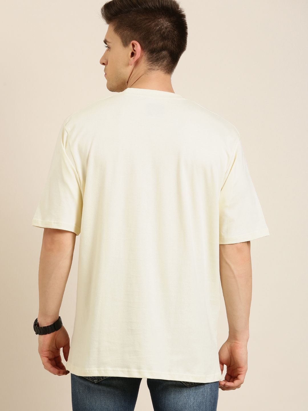 DILLINGER Men Cream-Coloured Pure Cotton Drop-Shoulder Sleeves Oversized Fit T-shirt