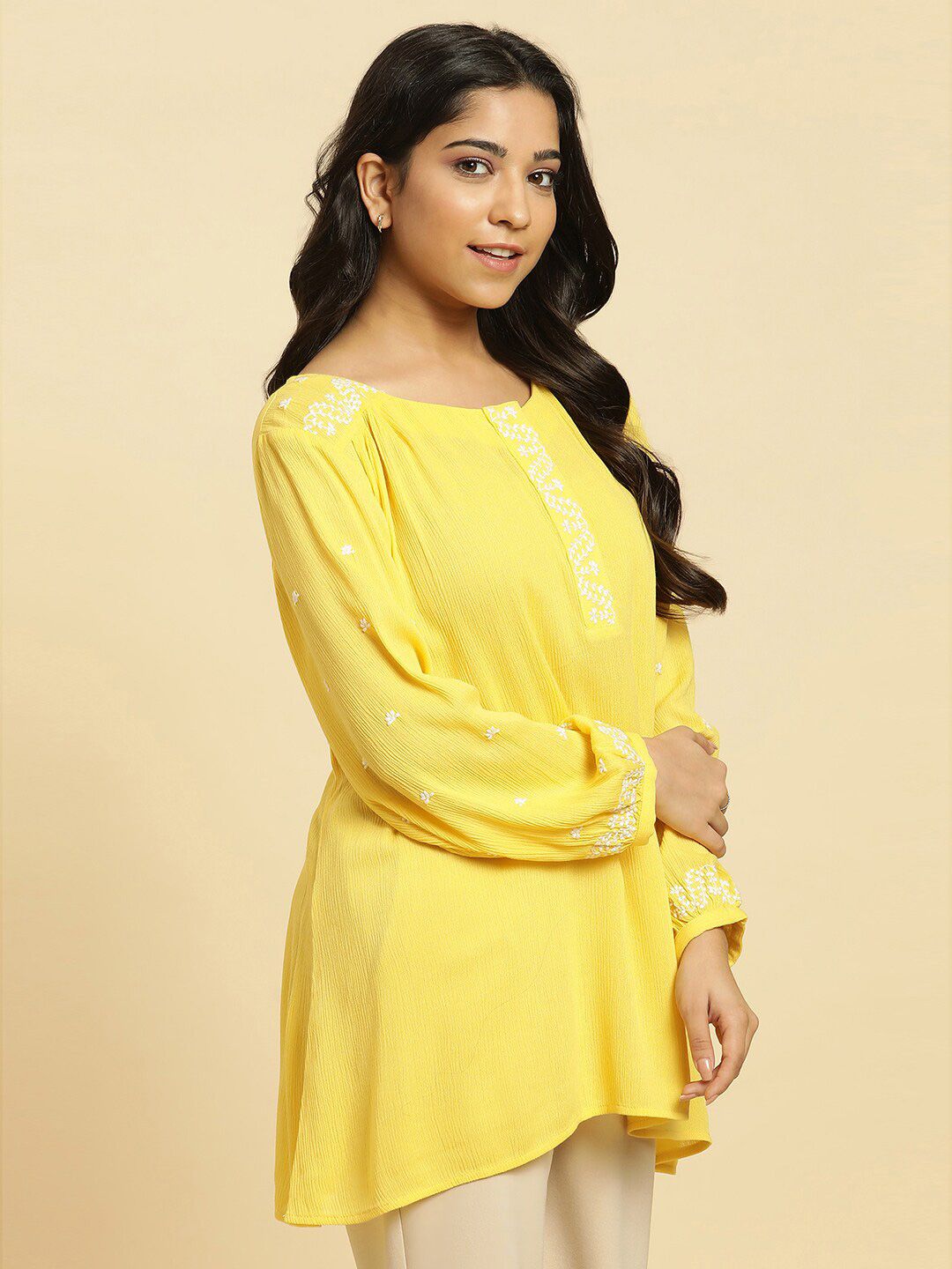 W Embroidered Puff Sleeve Round Neck Long Sleeves Top
