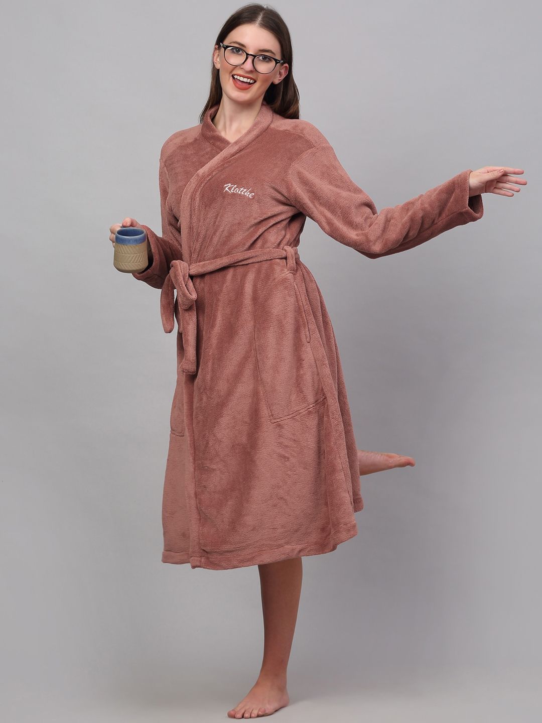 KLOTTHE Women Solid Woolen Bath Robe With Belt