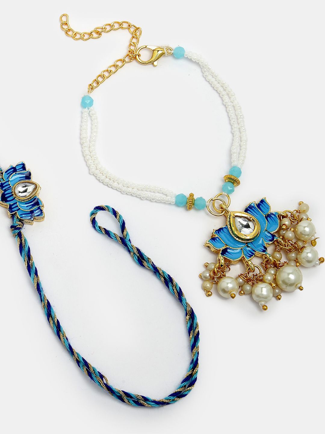 NVR Set of 2 Lotus Stone-Studded & Beaded Bhaiya Bhabhi Rakhi with Roli Chawal