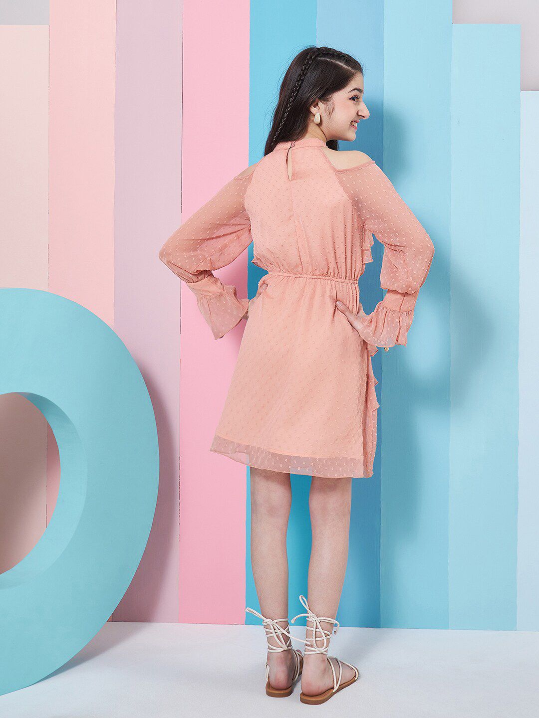 pspeaches Girls Self Design Halter Neck Bell Sleeves Cut Out Layered Ruffled A-Line Dress