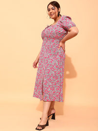 CURVY STREET Plus Size Fuchsia & White Floral printed Square Neck A-Line Dress