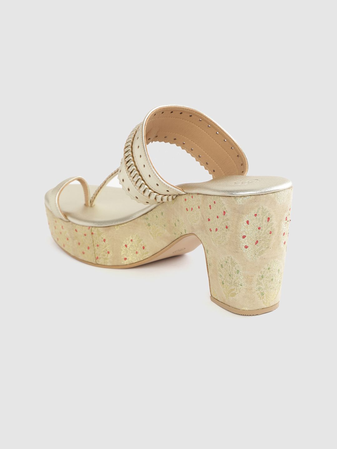 House of Pataudi Women Gold-Toned Braided Detail Handcrafted One-Toe Block Heels