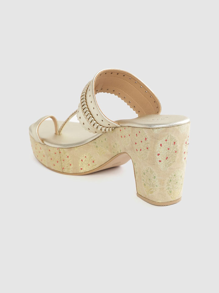 House of Pataudi Women Gold-Toned Braided Detail Handcrafted One-Toe Block Heels