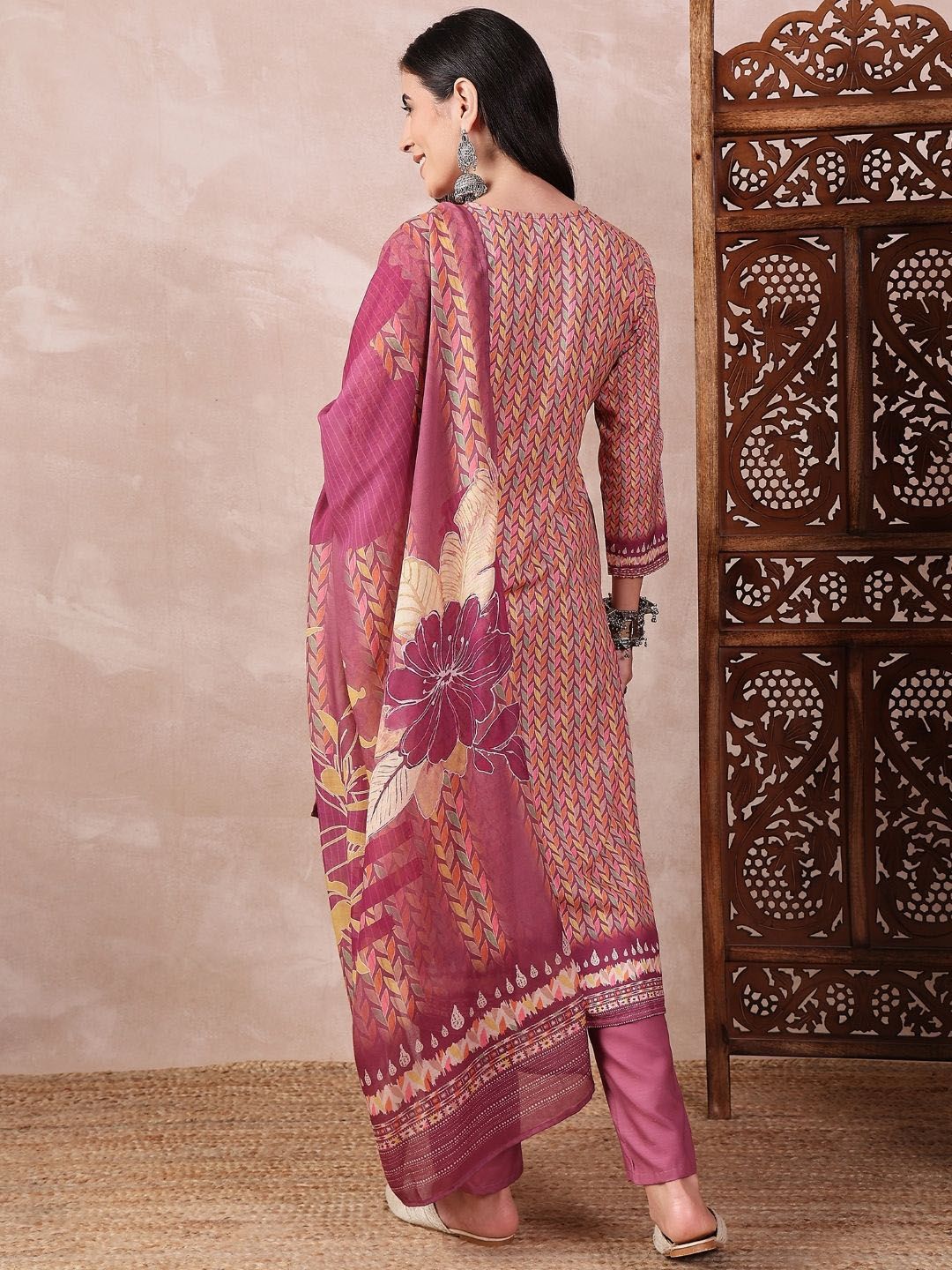 KALINI Floral Printed Straight Thread Work Kurta with Trousers & Dupatta
