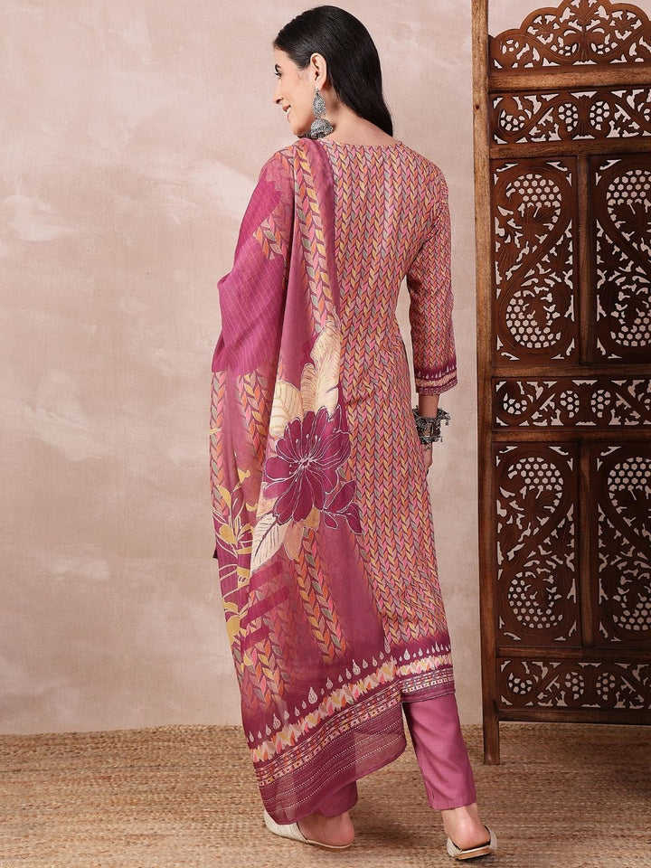 KALINI Floral Printed Straight Thread Work Kurta with Trousers & Dupatta