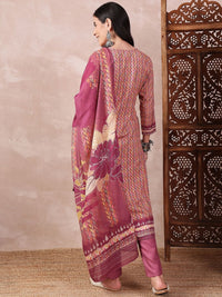 KALINI Floral Printed Straight Thread Work Kurta with Trousers & Dupatta