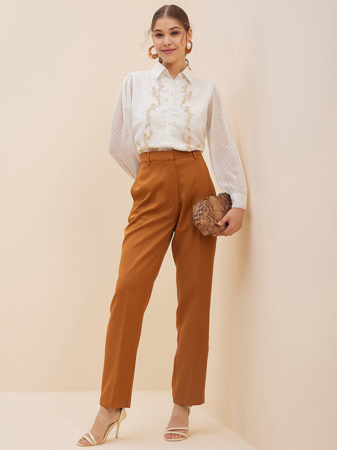 Antheaa White Floral Self Design Cuffed Sleeves Embroidered Detail Shirt Style Top