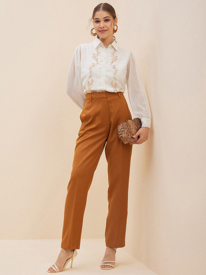 Antheaa White Floral Self Design Cuffed Sleeves Embroidered Detail Shirt Style Top