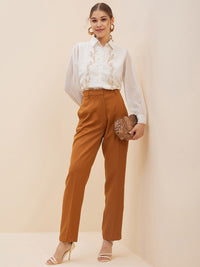 Antheaa White Floral Self Design Cuffed Sleeves Embroidered Detail Shirt Style Top