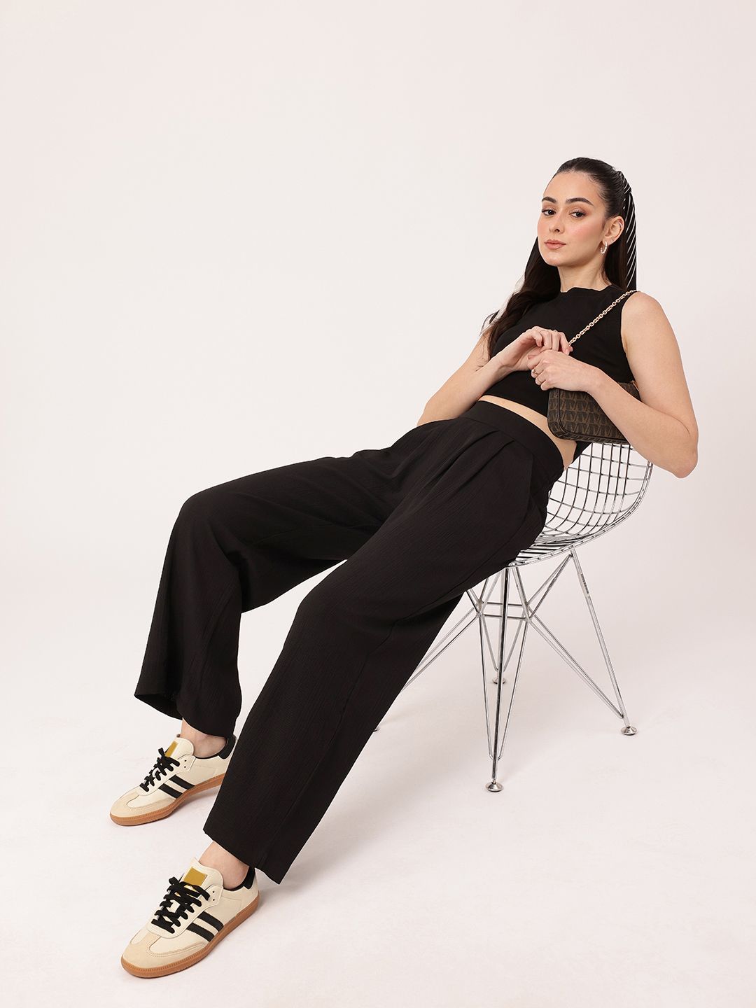 DressBerry Women Melancholic Chic Seersucker Textured Pleated High-Rise Parallel Trousers