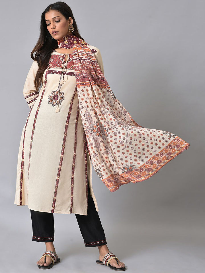 W Ethnic Motifs Printed Pure Cotton Straight Kurta with Trousers & Dupatta