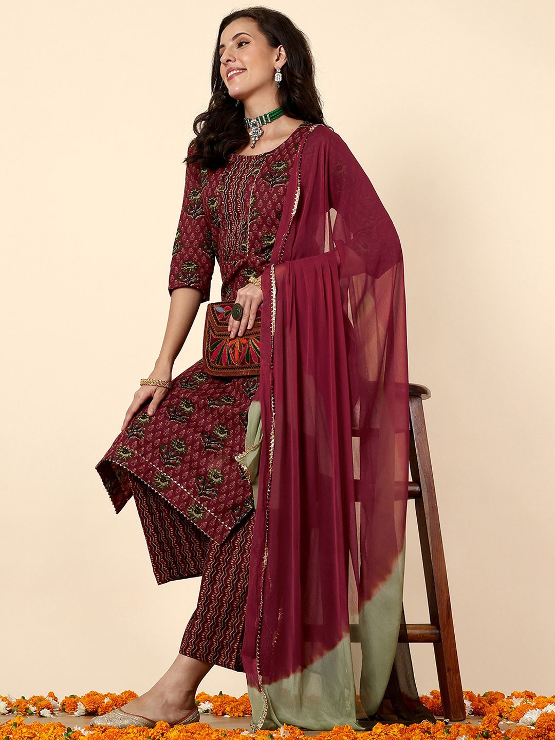 Anouk Maroon & Green Ethnic Printed Pure Cotton Straight Kurta With Palazzos & Dupatta