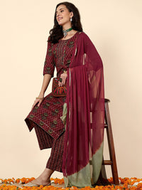 Anouk Maroon & Green Ethnic Printed Pure Cotton Straight Kurta With Palazzos & Dupatta