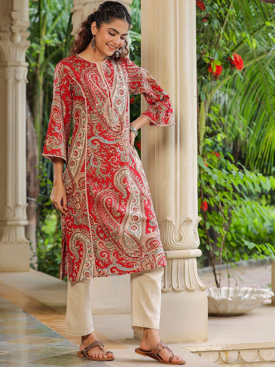 Rain & Rainbow Ethnic Motifs Printed Notched Neck Straight Pure Cotton Kurta