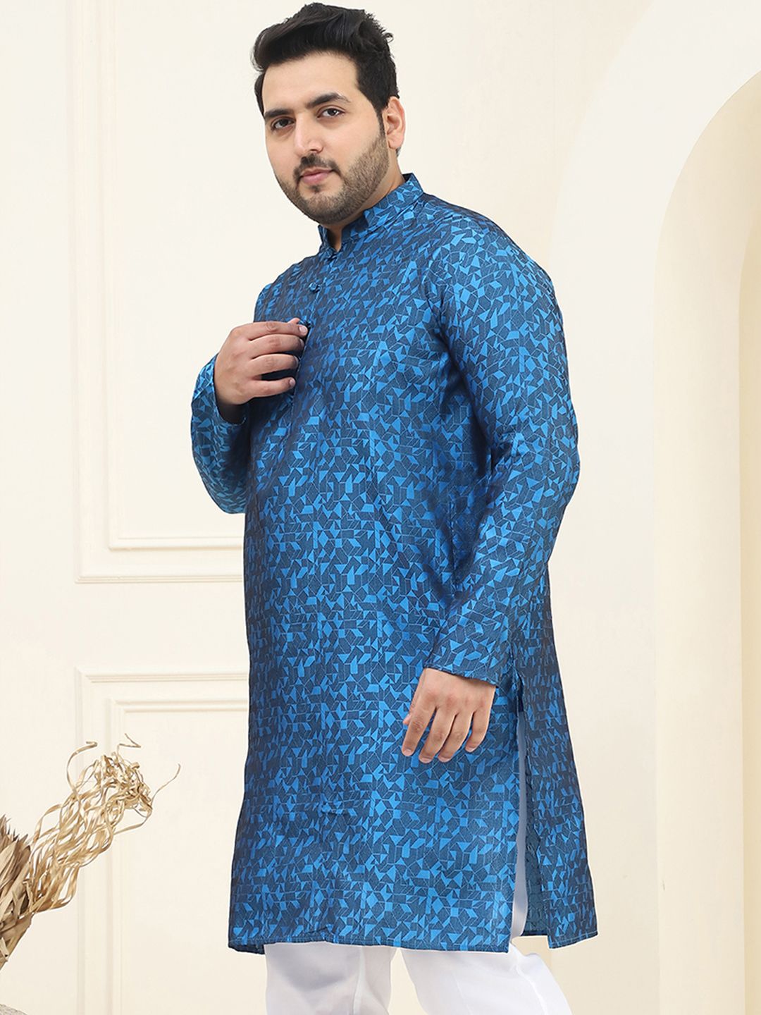 SOJANYA PLUS Men Plus Size Blue & Black Woven Design Straight Kurta