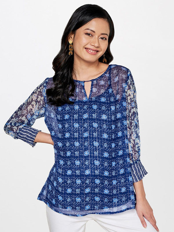 Global Desi Women Blue Floral Printed Keyhole Neck Top