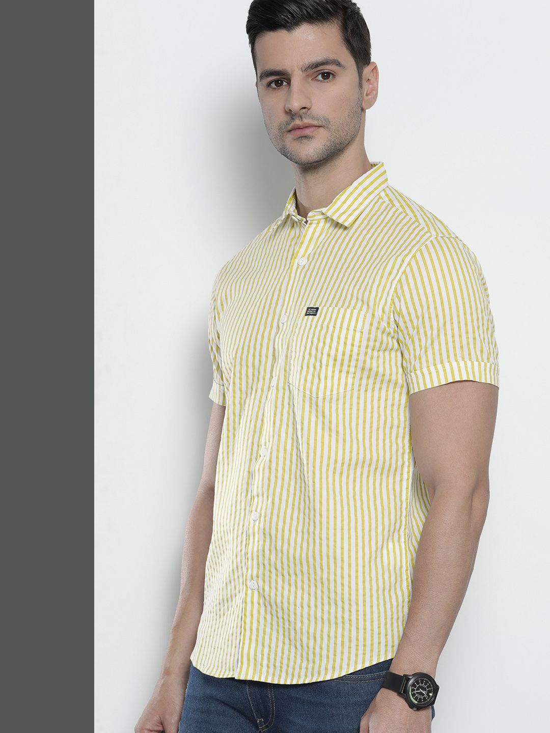 The Indian Garage Co Men Green Comfort Striped Cotton Casual Shirt