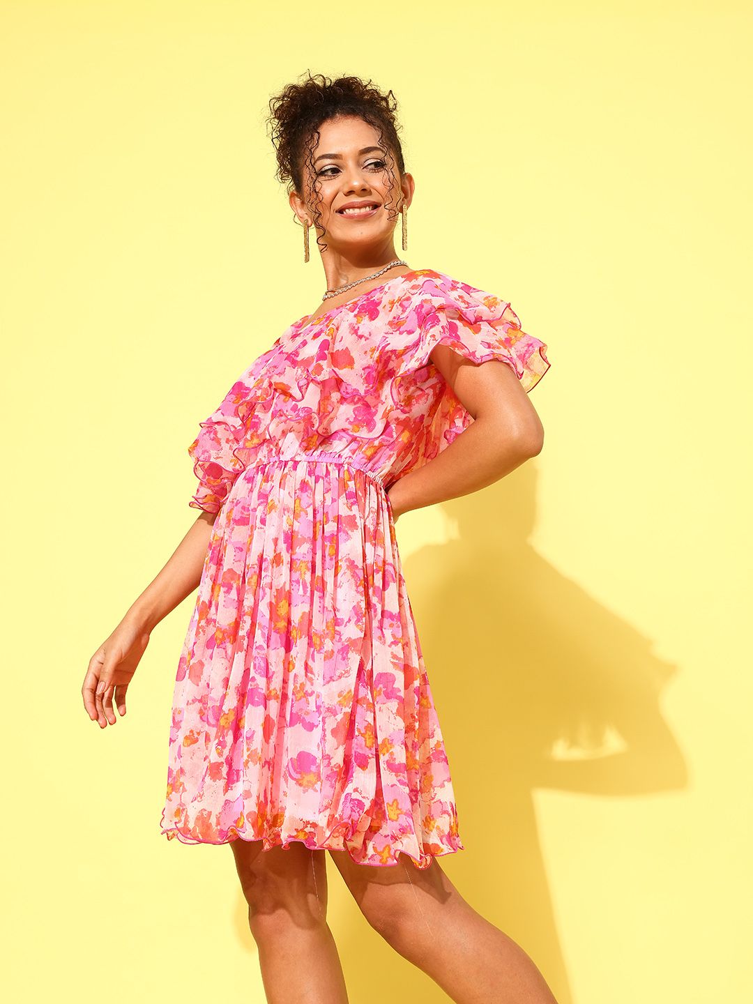 Antheaa Pink & White Print One Shoulder Flared Sleeve Ruffled Chiffon A-Line Dress