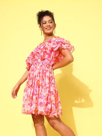 Antheaa Pink & White Print One Shoulder Flared Sleeve Ruffled Chiffon A-Line Dress