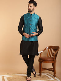 SOJANYA Men Black & Teal Blue Jacquard Woven Design Kurta with Churidar & Nehru Jacket