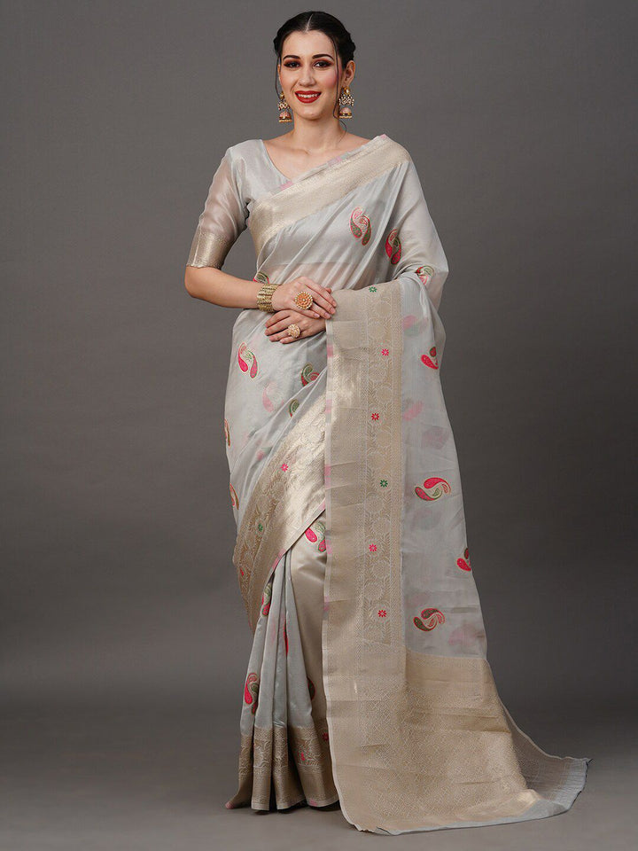 Saree mall Grey & Pink Paisley Woven Design Zari Organza Banarasi Sarees