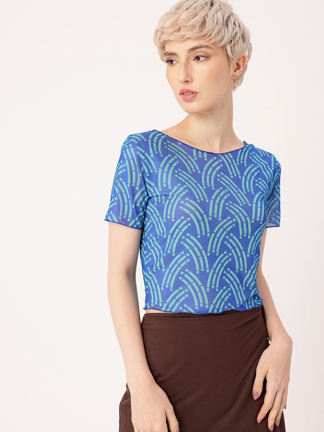 DressBerry Getaway Printed Soft Net Semi Sheer Fitted Crop Top