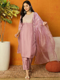 KALINI Yoke Design Regular Sequinned Straight Kurta with Trousers & Dupatta
