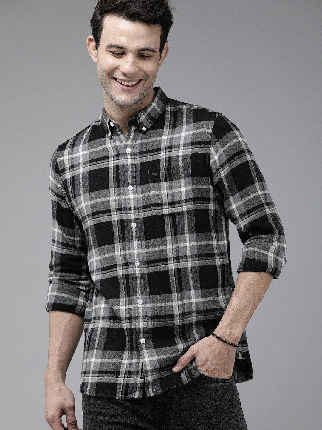 THE BEAR HOUSE Men Grey Slim Fit Tartan Checks Checked Casual Shirt