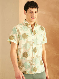 DENNISON Smart Floral Printed Spread Collar Short Sleeves Cotton Lightweight Shirt
