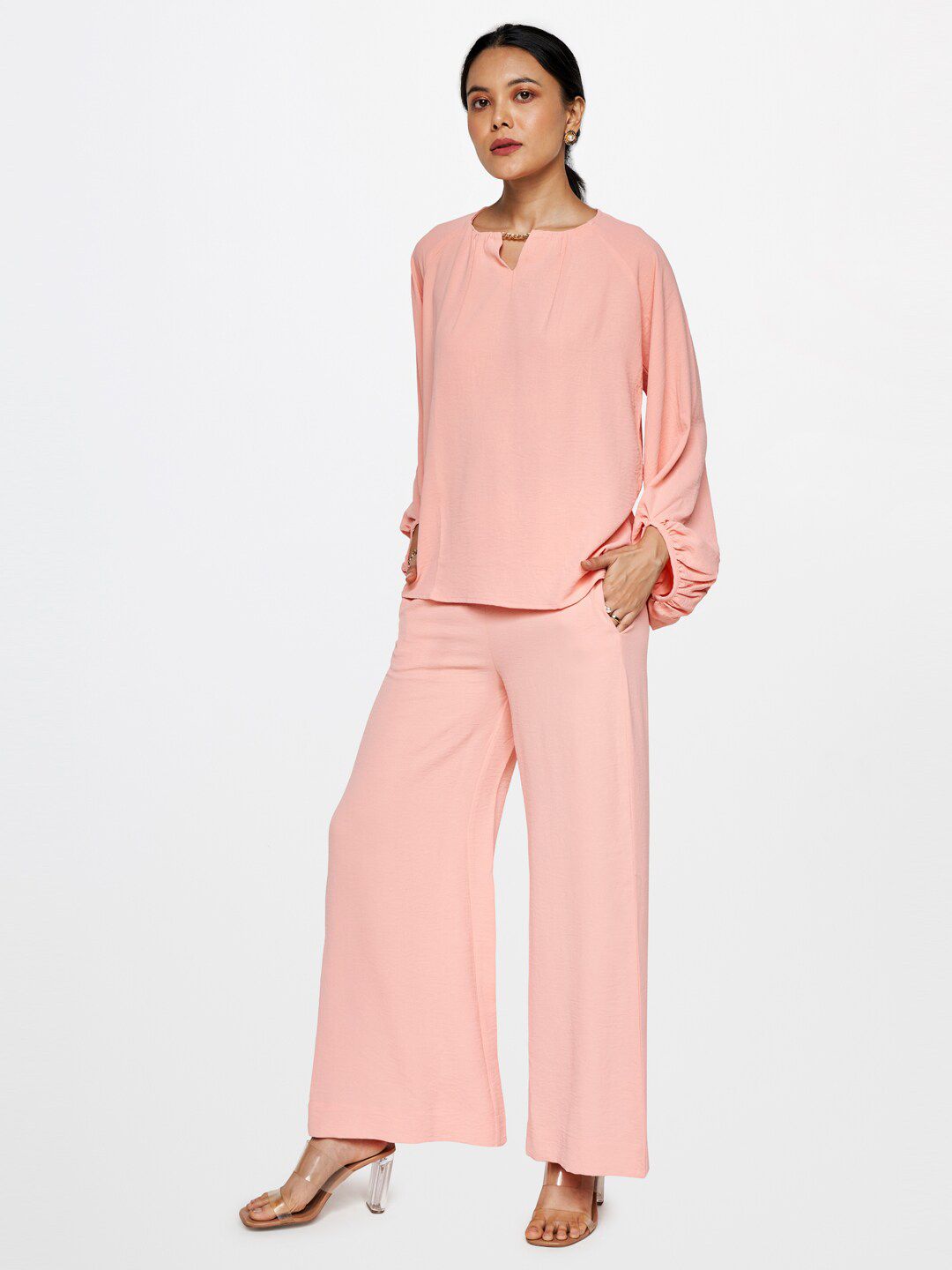 AND Round Neck Puff Sleeve Top And Palazzo