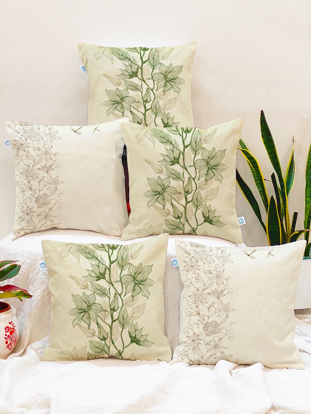 STITCHNEST Cream-Coloured & Green Set of 5 Floral Square Cushion Covers