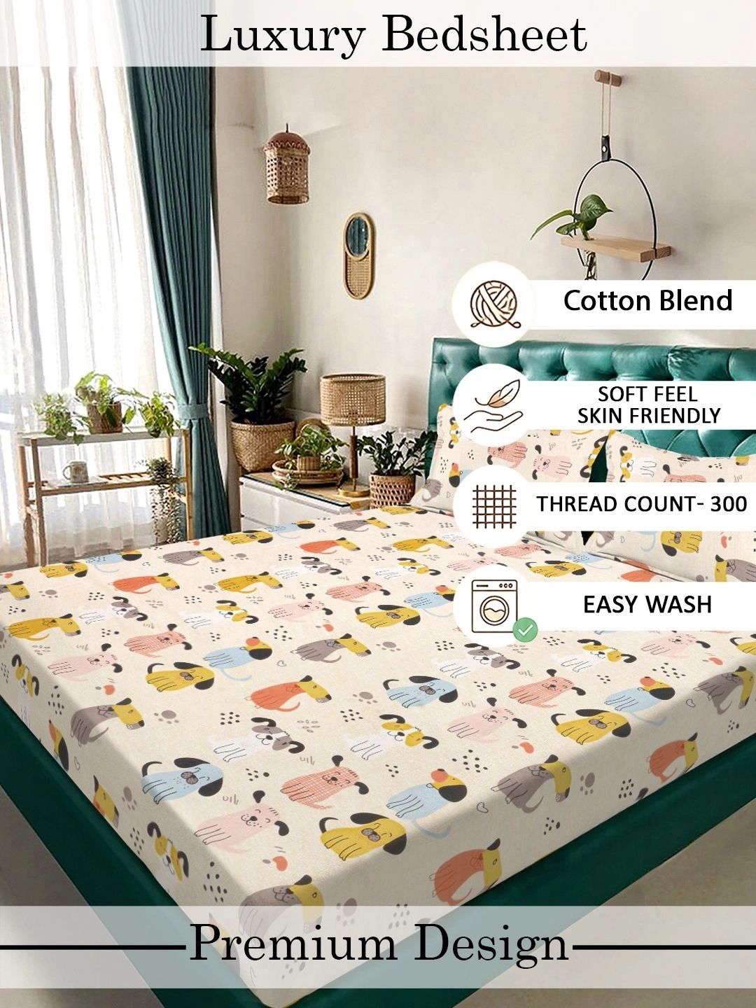 Moda Rapido X KLOTTHE Cream-Coloured Cartoon Characters 300 TC King Bedsheet with 2 Pillow Covers