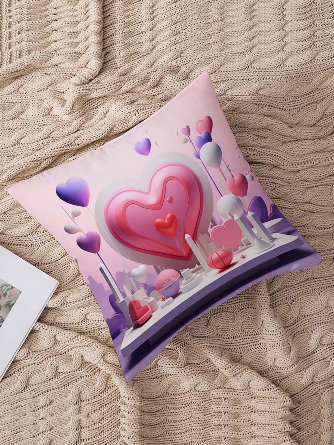 STITCHNEST Pink & Purple Abstract Printed Jute Cotton Square Cushion Cover