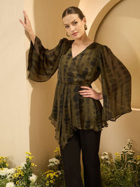 Antheaa Tie & Dye Flared Sleeves Satin Wrap Top with Asymmetric Hem