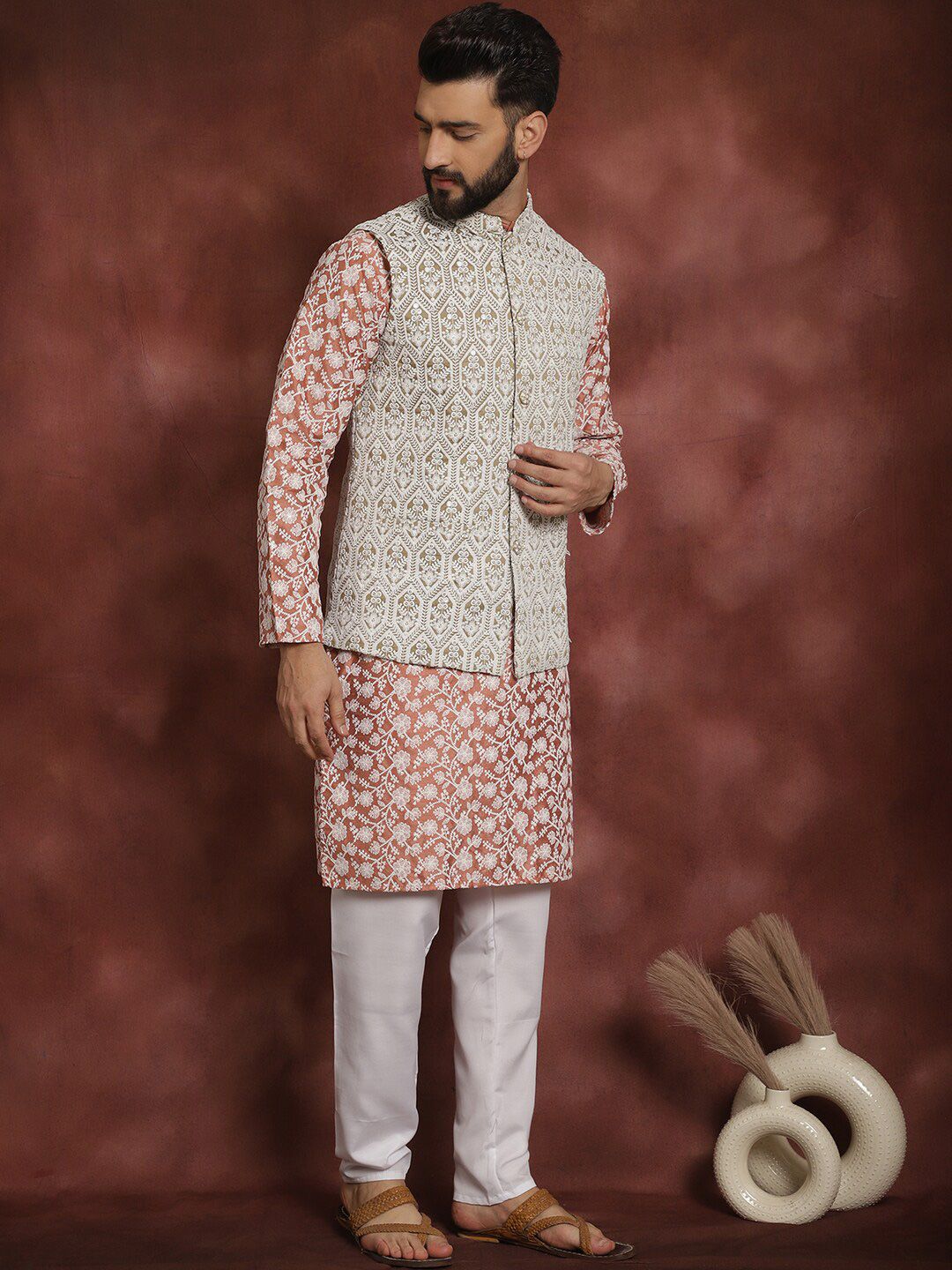 Anouk Floral Embroidered Thread Work Straight Kurta With Pyjama & Nehru Jacket