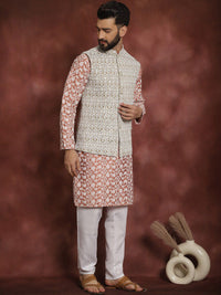 Anouk Floral Embroidered Thread Work Straight Kurta With Pyjama & Nehru Jacket