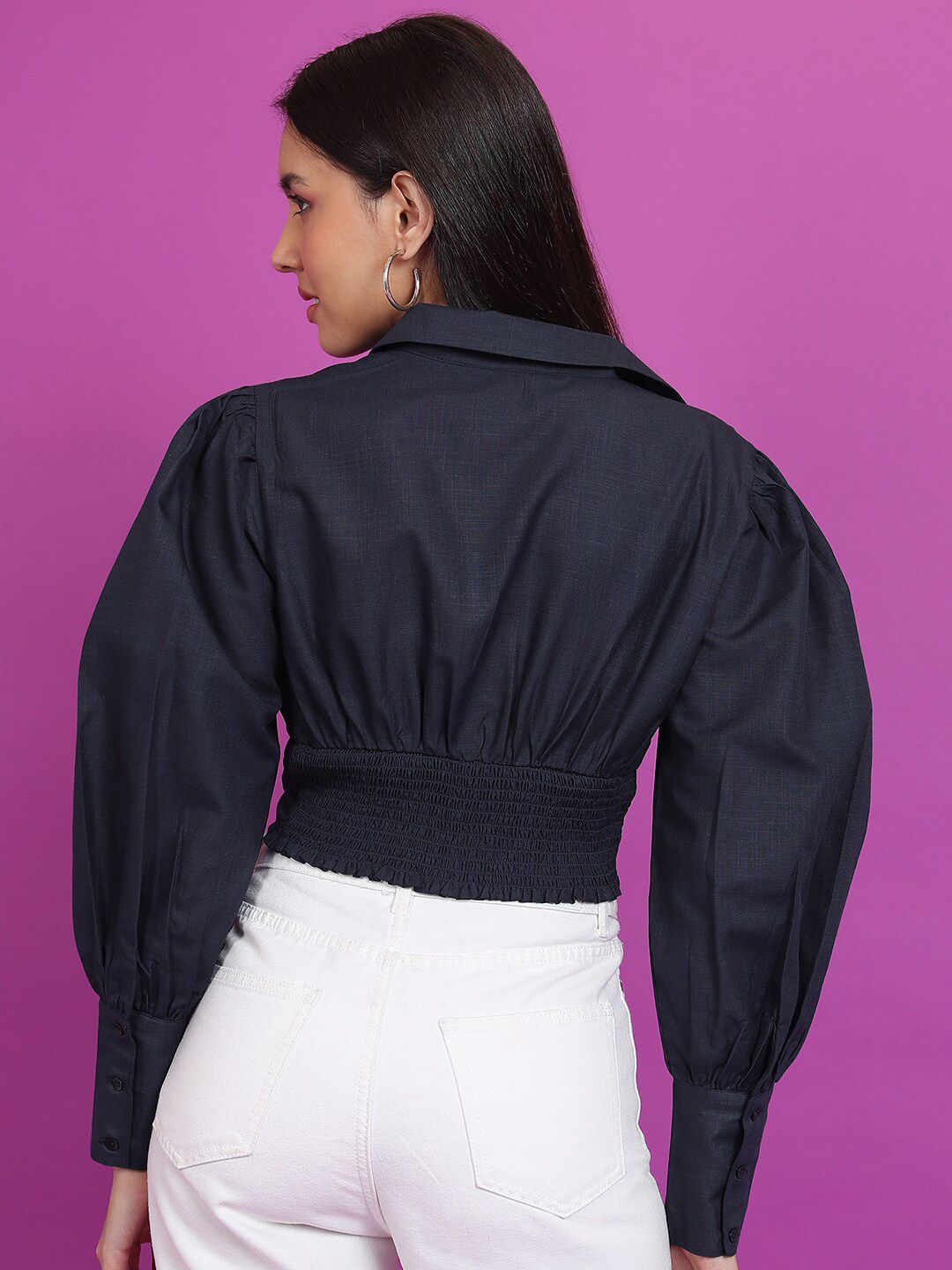 Tokyo Talkies Navy Blue Cuffed Sleeves Shirt Style Crop Top