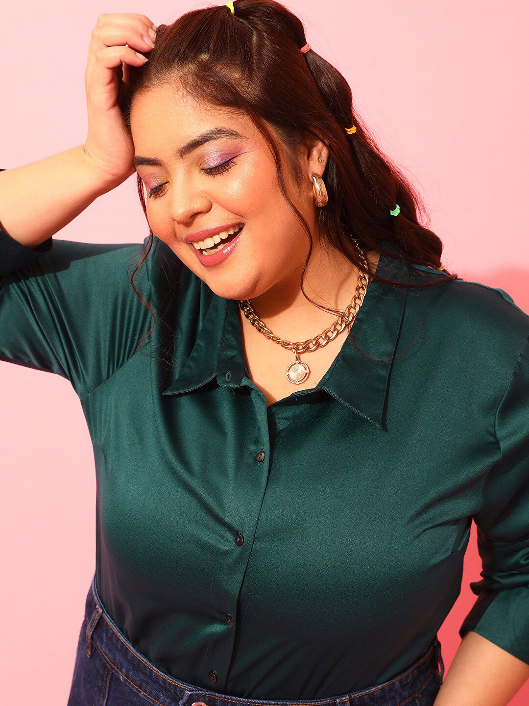CURVY STREET Plus Size Green Classic Satin Casual Shirt